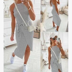 NOLLSOM Women XL Dress Sleeveless Striped Tank Midi Wrap Casual Cotton Stretch